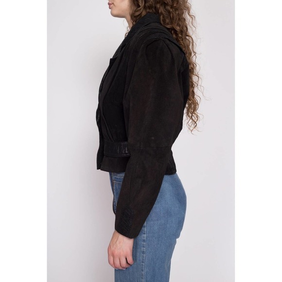 80s Black Leather Cropped Moto Jacket - Medium | Vintage Oversized Suede Coat - Picture 4 of 10